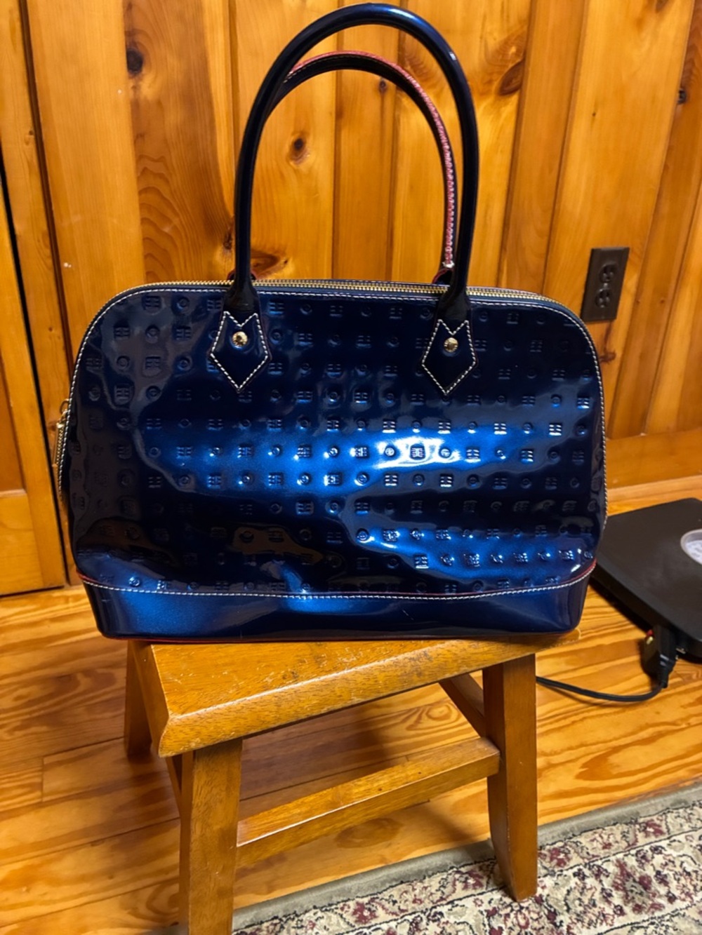 Arcadia Navy Patent Embossed Satchel with Top Handles